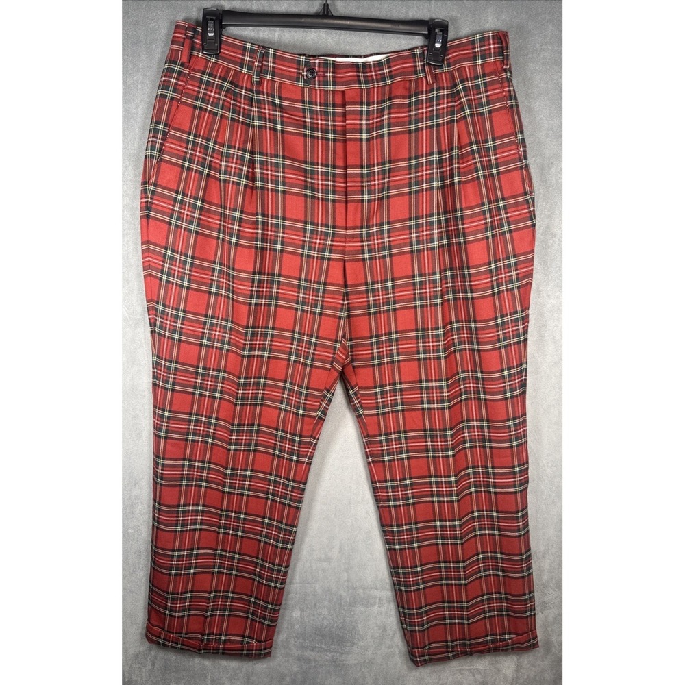 Paul Fredrick Vintage Red Tartan Plaid Wool Pants 40x30 Pleated Cuffed 80s